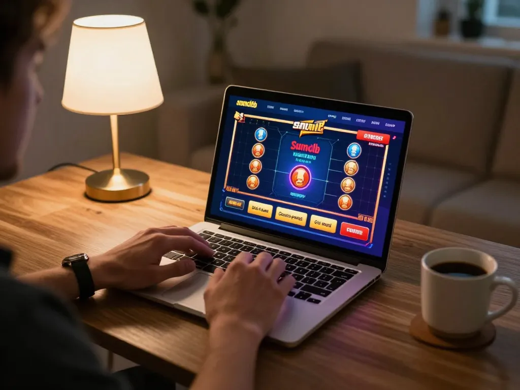 Player enjoying sumclub app on laptop while sipping coffee in a cozy home setting.