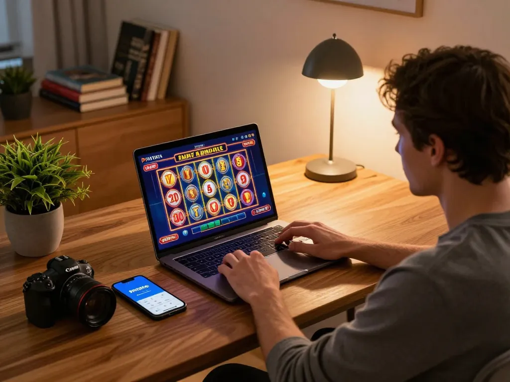 PHTAYA user engaging in online slot gaming from a cozy home setup with laptop and smartphone.