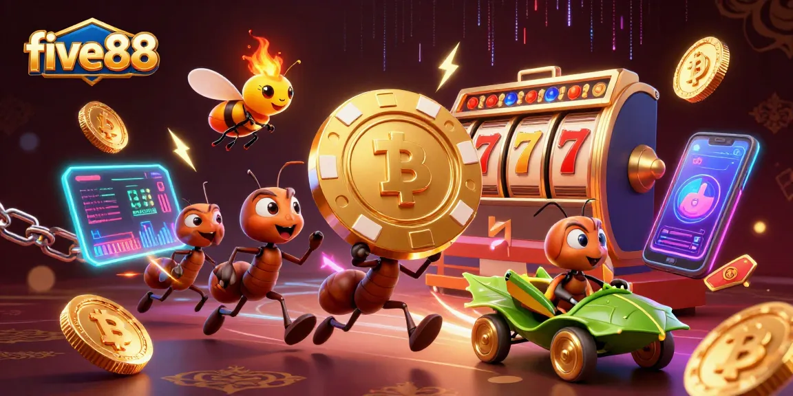 Engage in fun with five88's rich casino heist scene featuring ants and crypto elements.