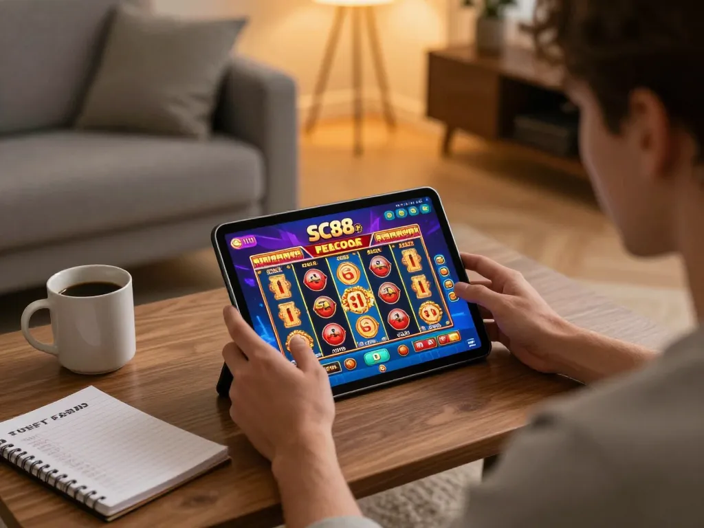 Engaging moment of a player enjoying SC88 com through a tablet while reviewing strategies in a cozy home.