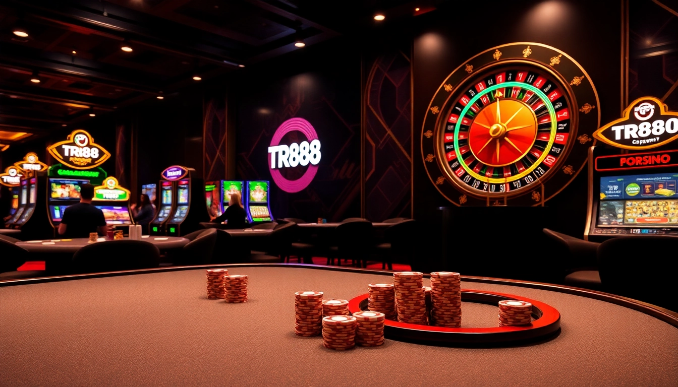 Players enjoying a TR88 online casino experience with vibrant tables and slot machines.