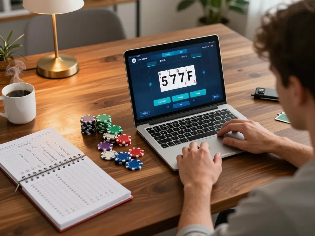 Player engaged in a home poker game using the 577F app with colorful chips and betting strategies.