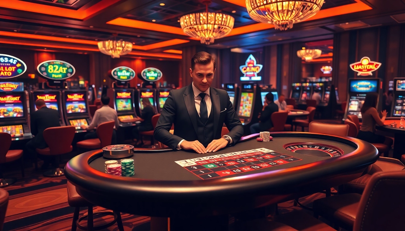 Excited players enjoying the luxury of online betting at https://8kbet.insure/ with a vibrant casino atmosphere.