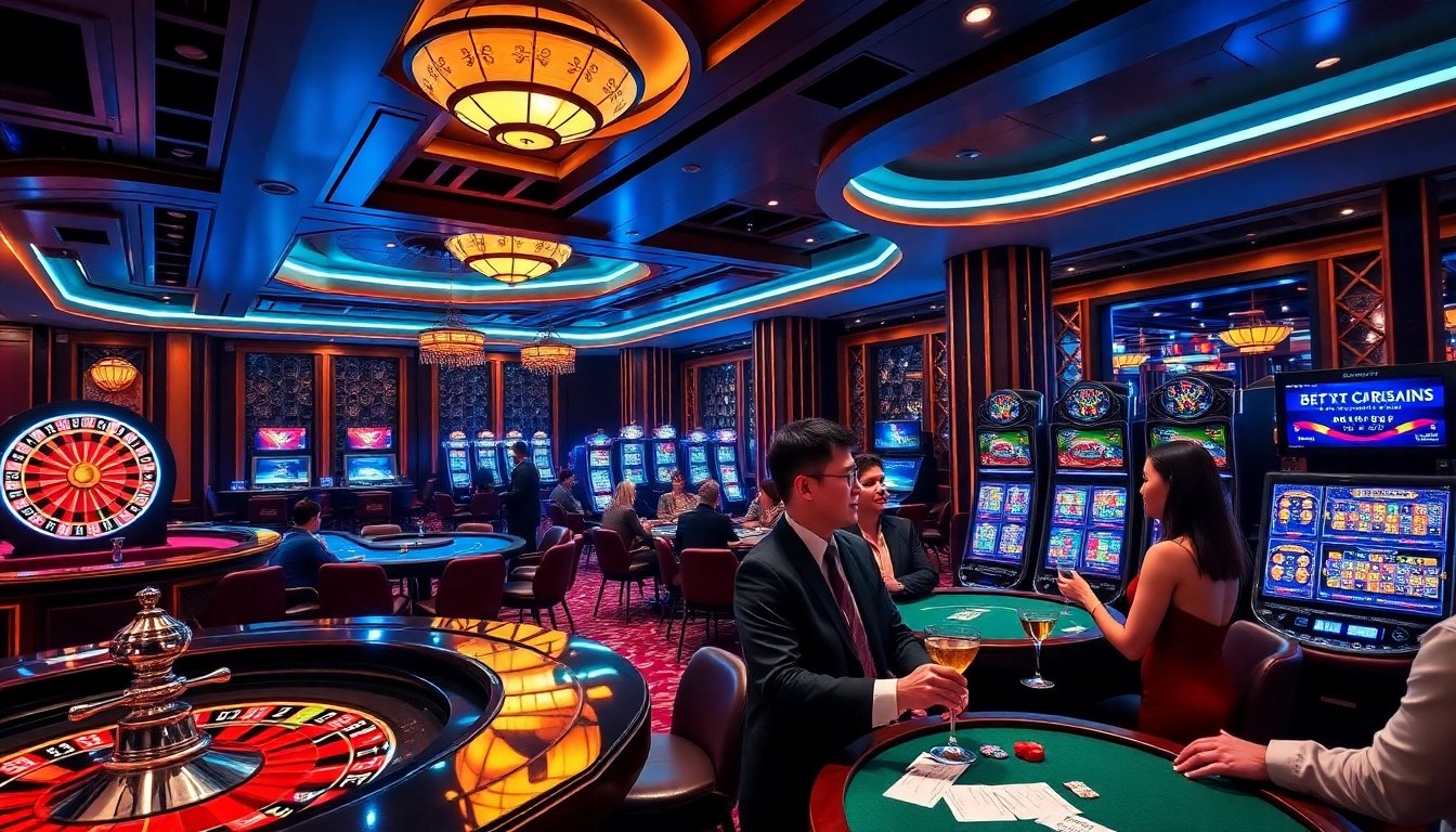 Players enjoying a thrilling gaming experience at GG88 casino with roulette and poker tables.