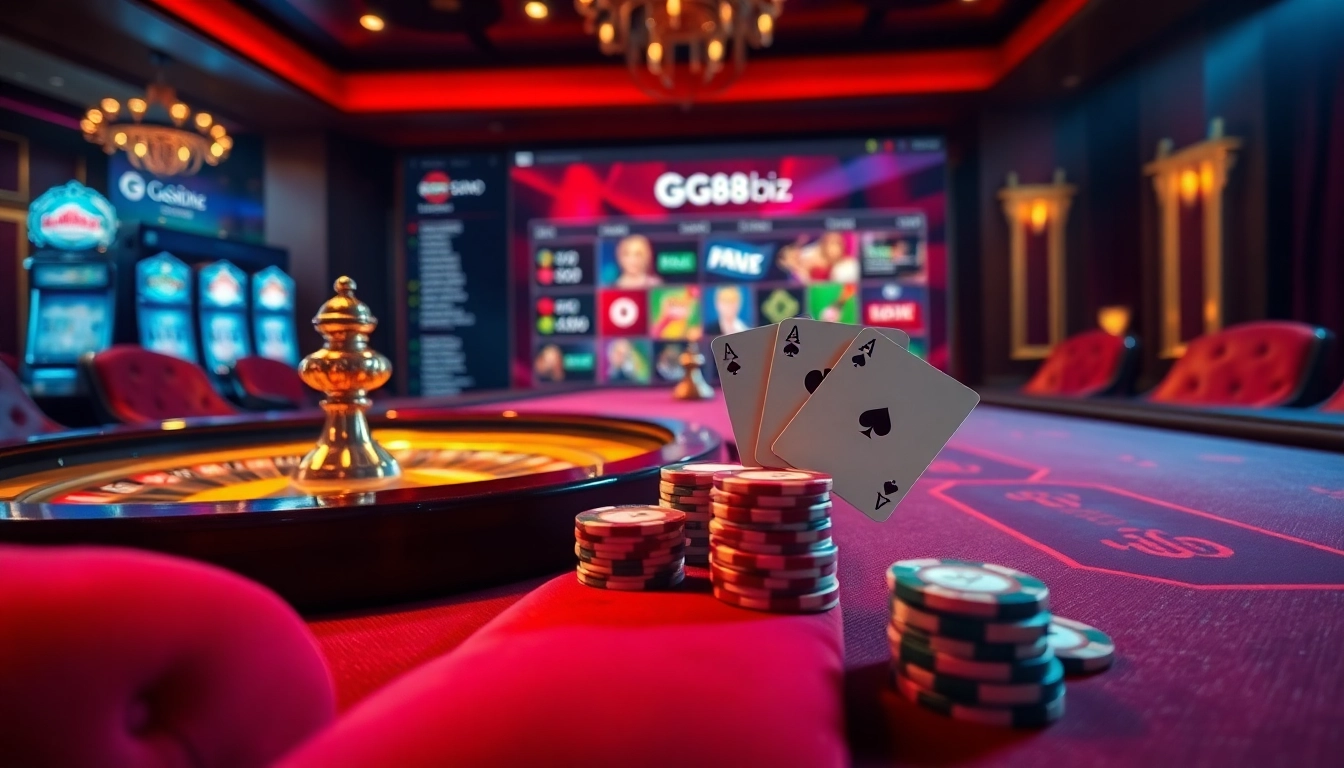 Engaging scene of online gambling at https://gg88.biz/ with vibrant casino elements like cards and roulette.