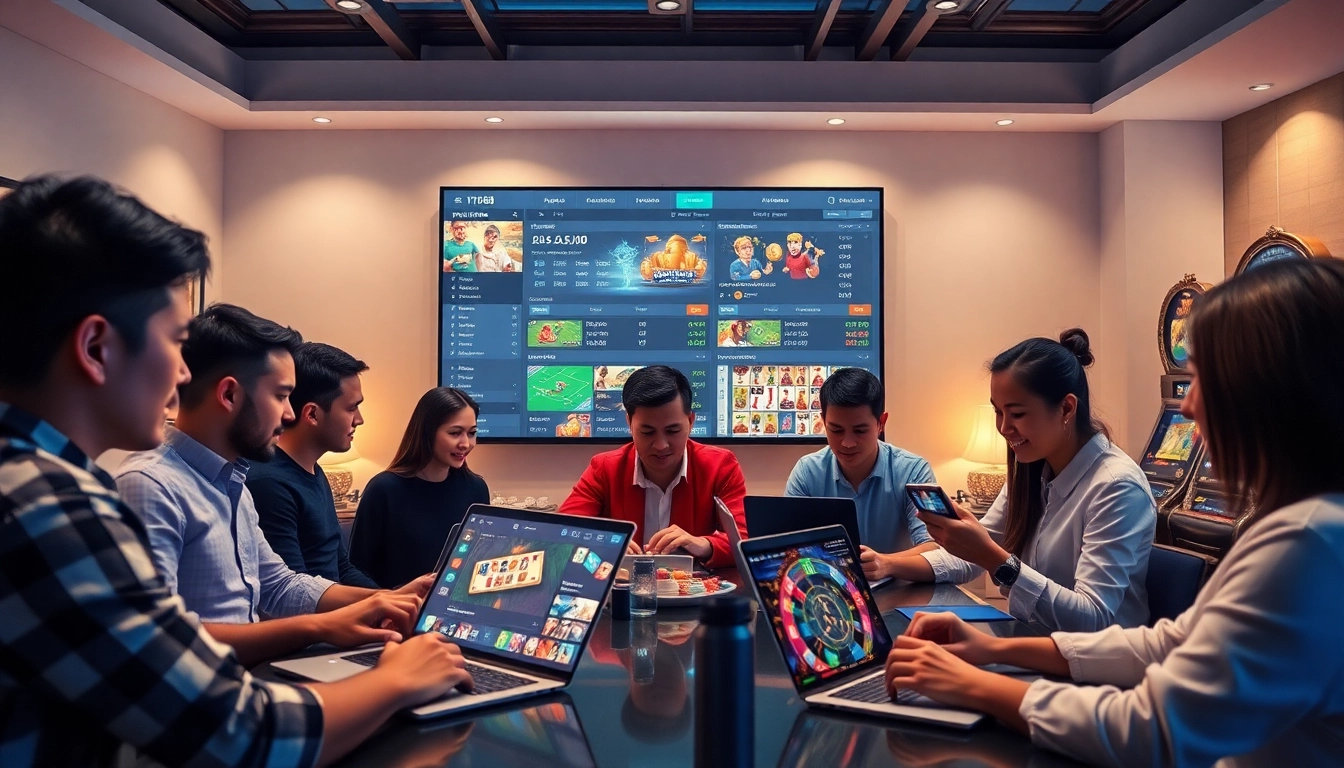Engaging scene showing players using the nhà cái mb88 online betting platform in a modern setting.