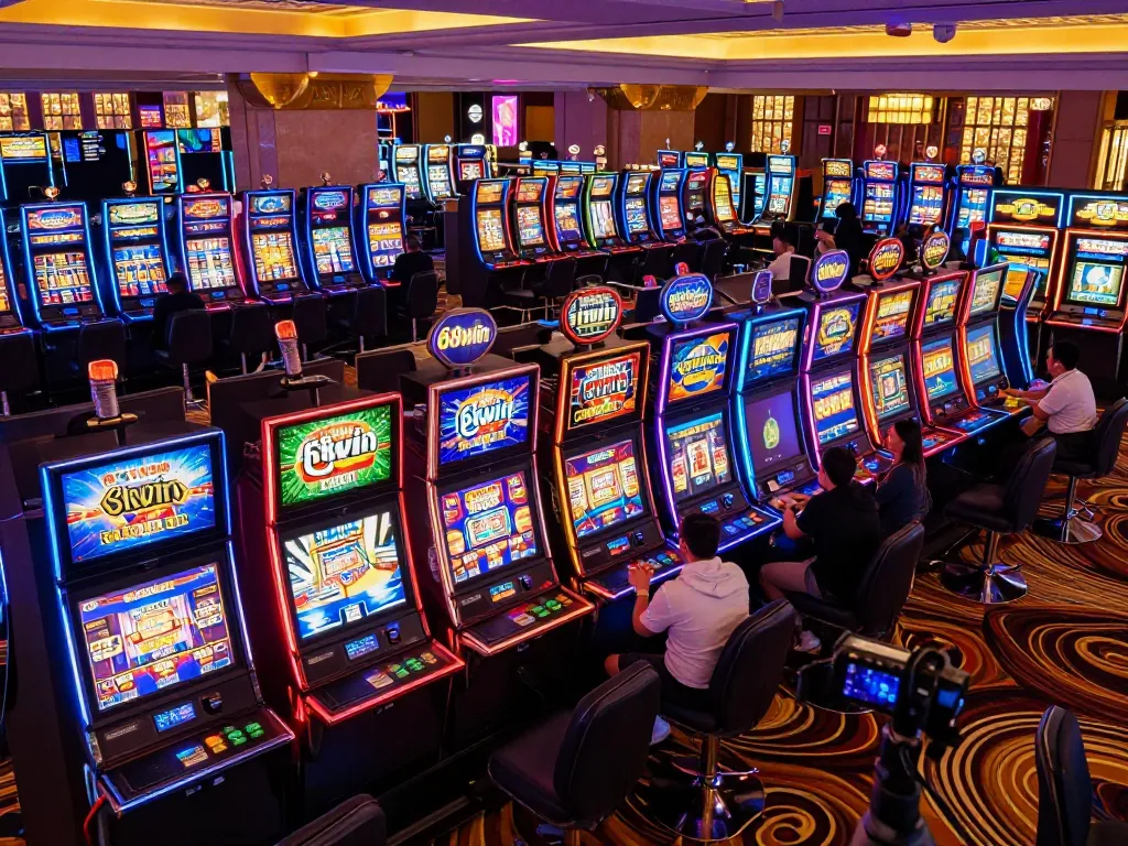 Players engaging with colorful slot machines in a vibrant casino area, showcasing 68win com.