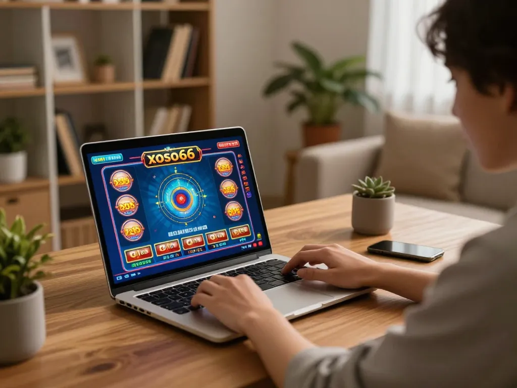 Engaging in strategic gameplay at casino xoso66 on a laptop, showcasing online casino excitement