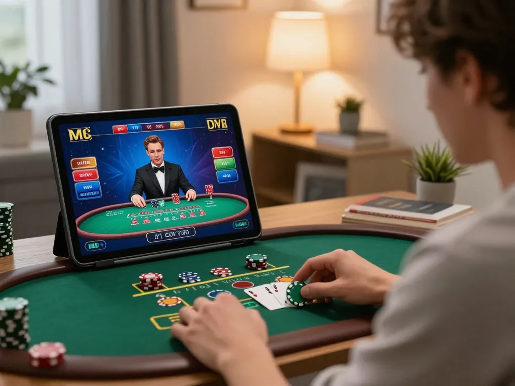 Zowin player enjoying a live dealer blackjack game on a tablet in a stylish home office