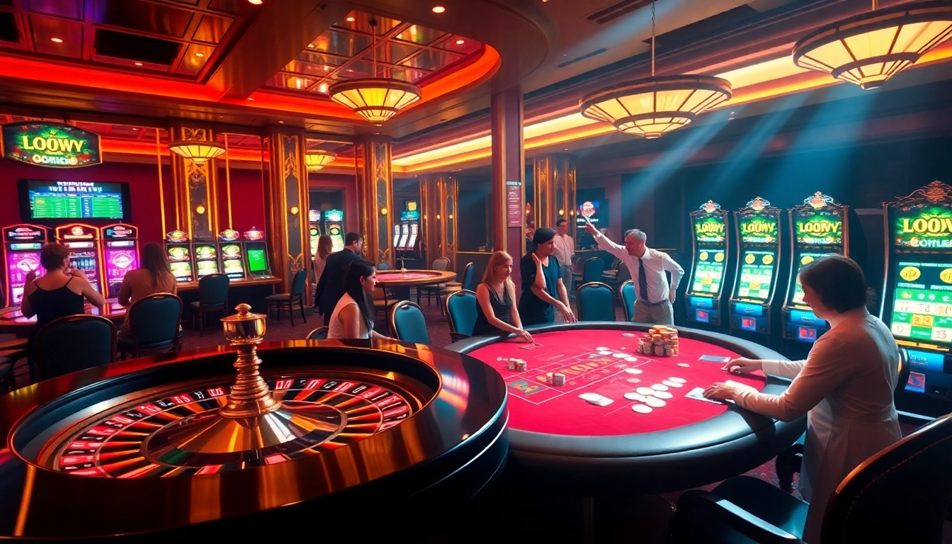 Luckywin players enjoying a thrilling casino experience with vibrant slot machines and roulette tables.
