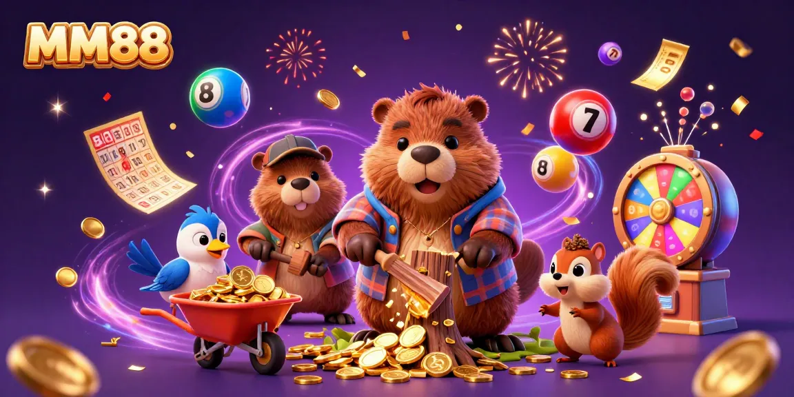 Join the excitement at MM88 with playful characters in a whimsical casino scene filled with gold coins and lottery fun.
