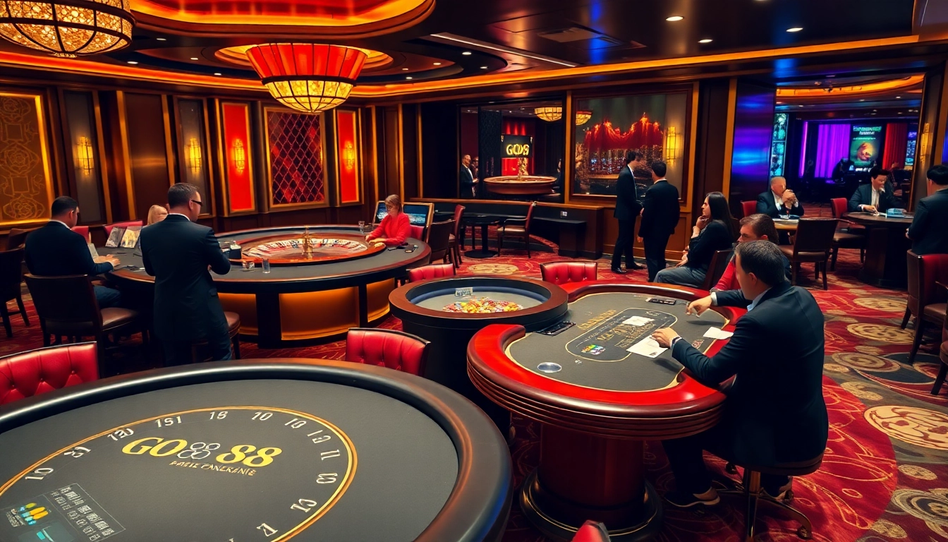 Players experiencing the excitement of gambling at Go 88 casino tables with vibrant branding.