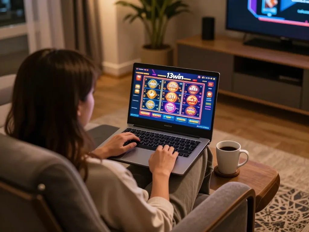 Engaging online gaming scene on 13win with a player using a laptop in a cozy setting.