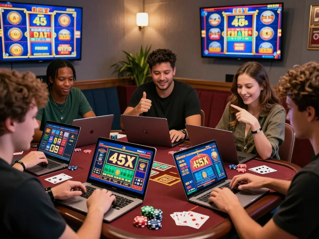 Players enjoying the 45X bet platform, celebrating wins in an inviting online gambling atmosphere.