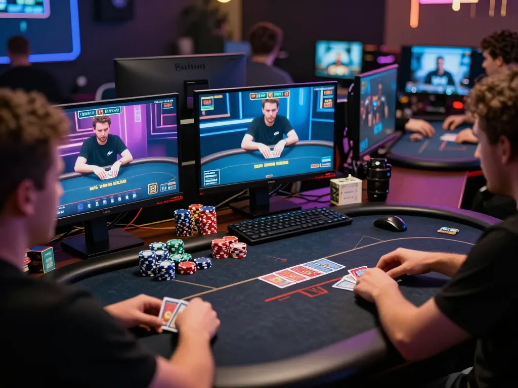 Engaged player strategizing at their online poker game setup at https://tip88.locker/ with multiple screens