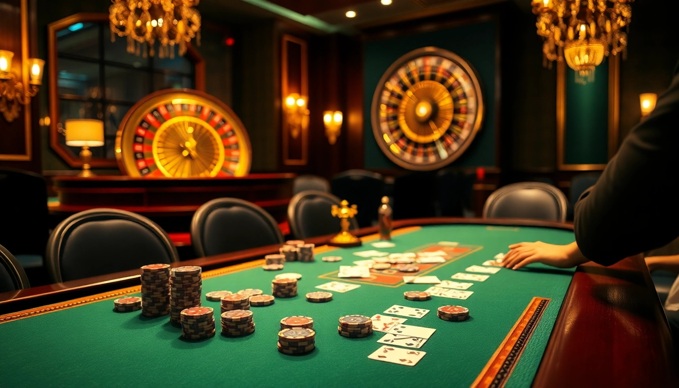 Experience thrilling gameplay with OKFUN at a luxurious casino poker table.