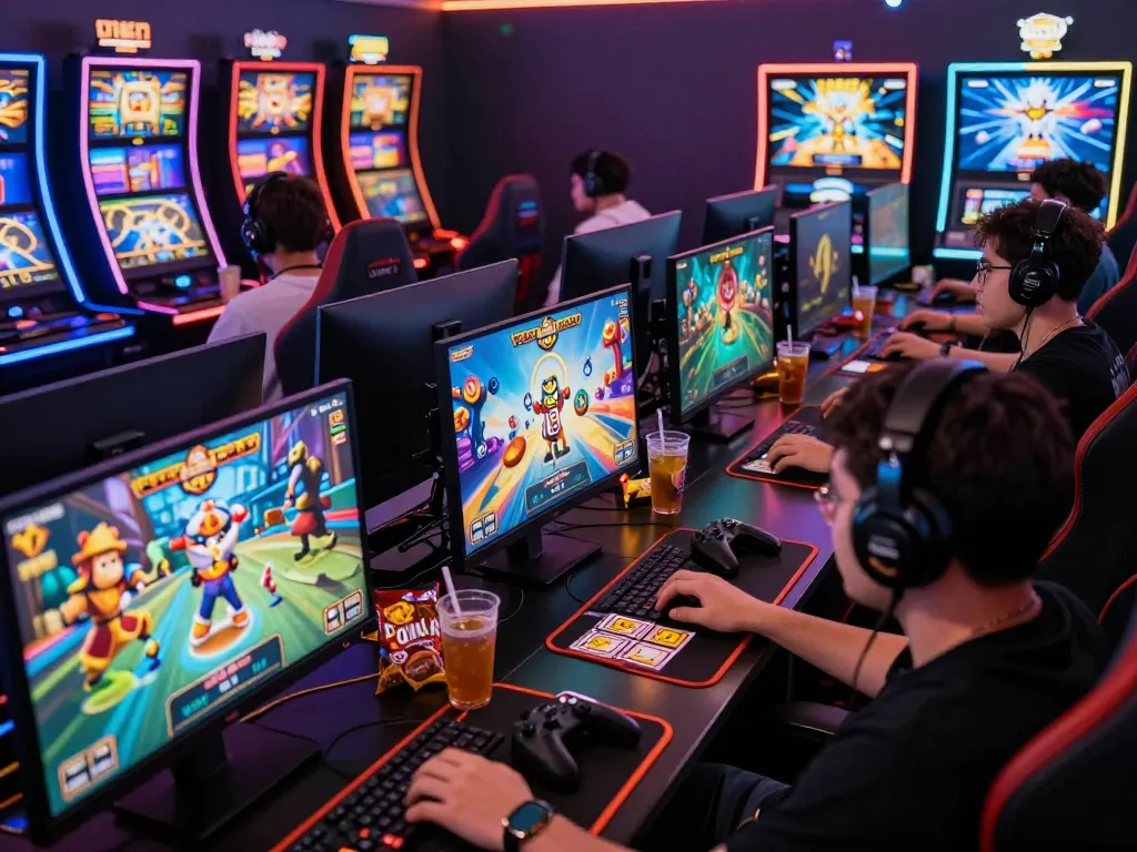Epic online gaming scene showcasing players enjoying rikvip games on vibrant screens with advanced setups.