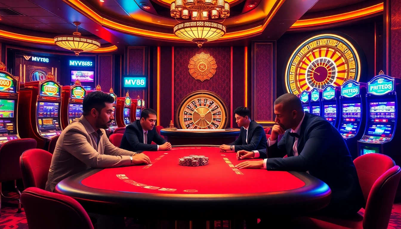 Experience thrilling MV88 casino action with vibrant slot machines and focused poker players.