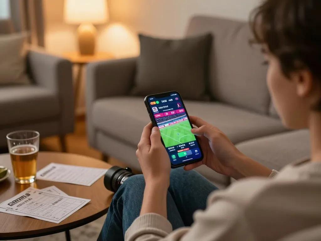 Engaged gambler checks live odds on 888top's app during home sports betting.