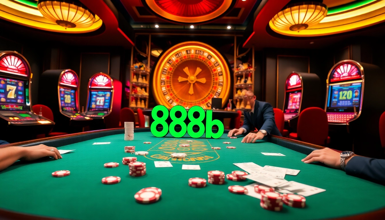 Players enjoying a high-stakes game at 888b's luxurious casino, featuring vibrant games and rich colors.