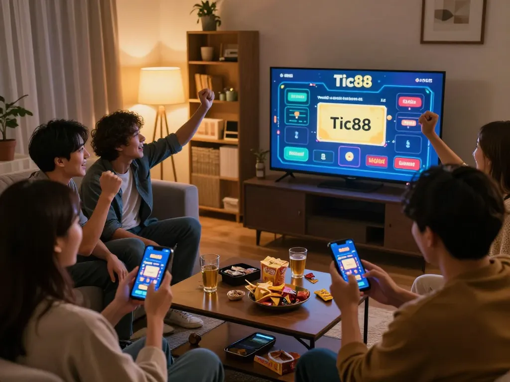 Players celebrating a win while using the App Tic88 during a home gaming night, displaying dynamic mobile casino action.