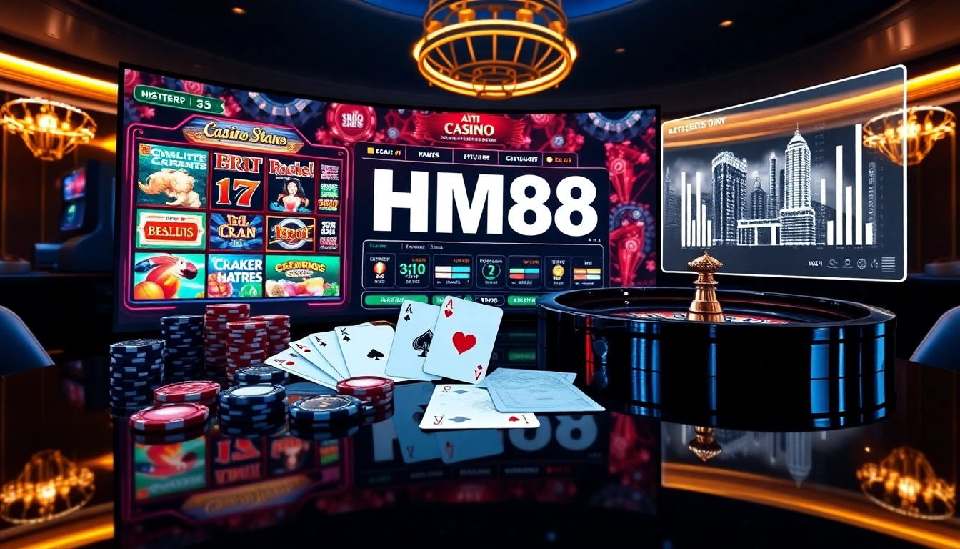 Engaging https://hm88.cafe/ casino interface displaying strategic betting options with vibrant slot machines and poker chips