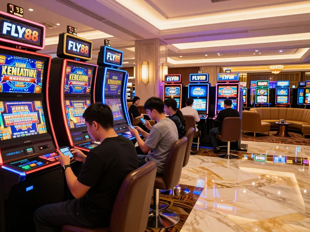FLY88 players enjoying vibrant slot machines in a luxurious casino environment filled with excitement.