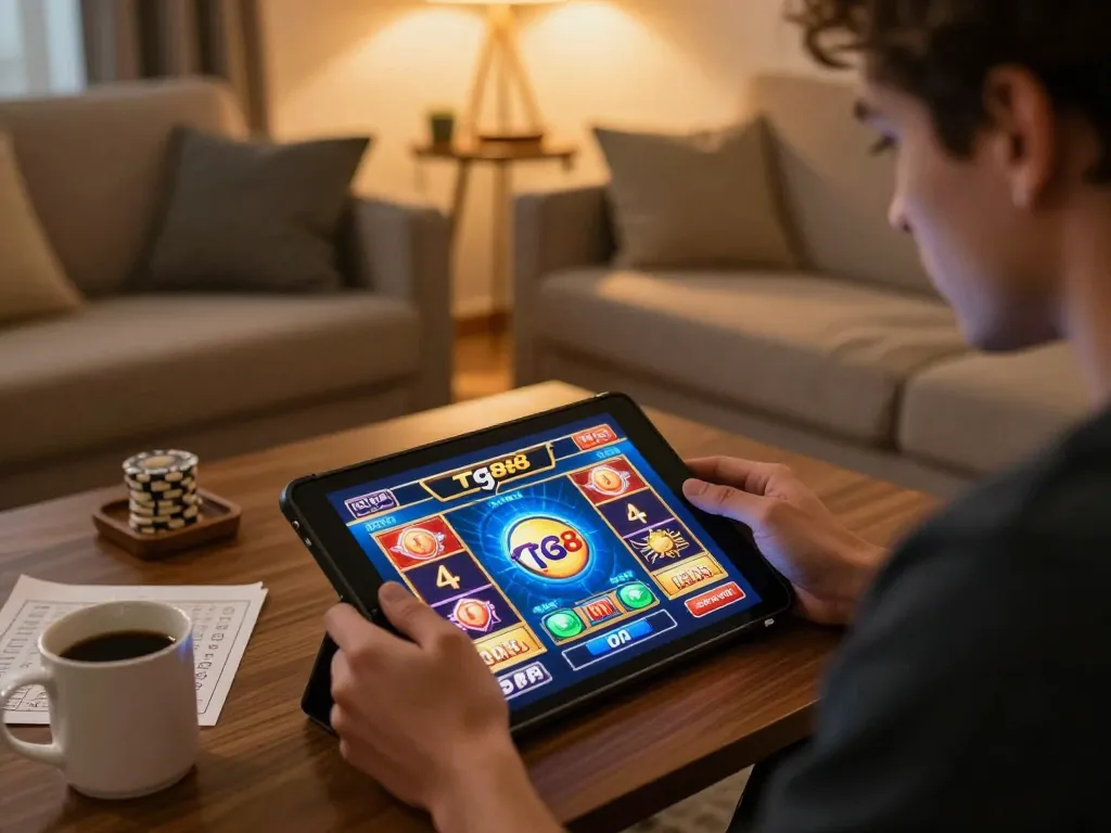 Player enjoying tg88 online casino on tablet in cozy living room with strategy notes.