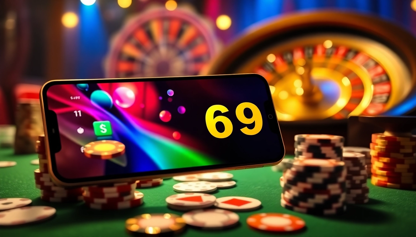 Rút tiền 69VN interface displayed on a smartphone surrounded by casino chips and cards.