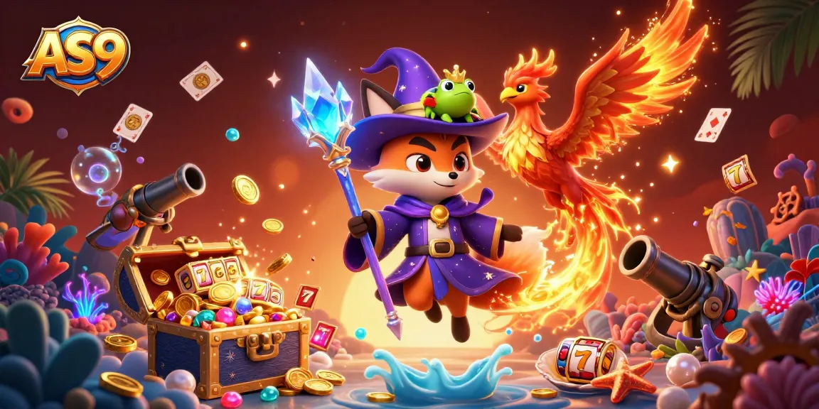 Experience exhilarating luck at AS9 with colorful casino elements and a mystical 3D wizard fox.