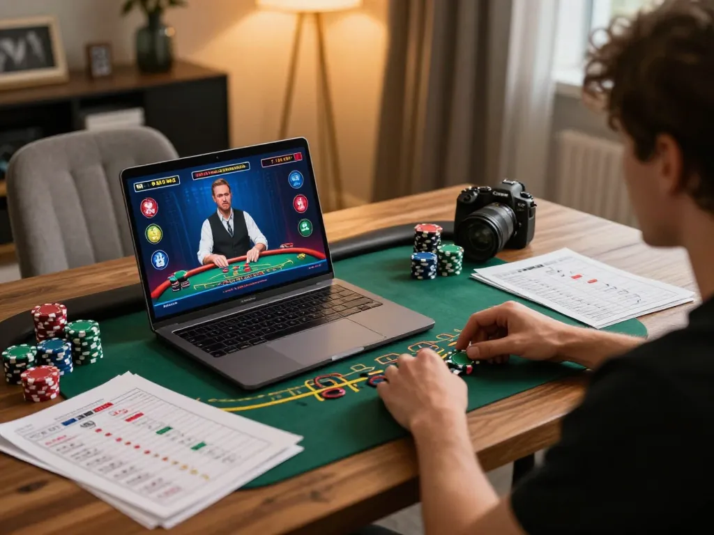 Player engaging in online blackjack at ok365 while reviewing betting strategies and enjoying a comfortable home setup.