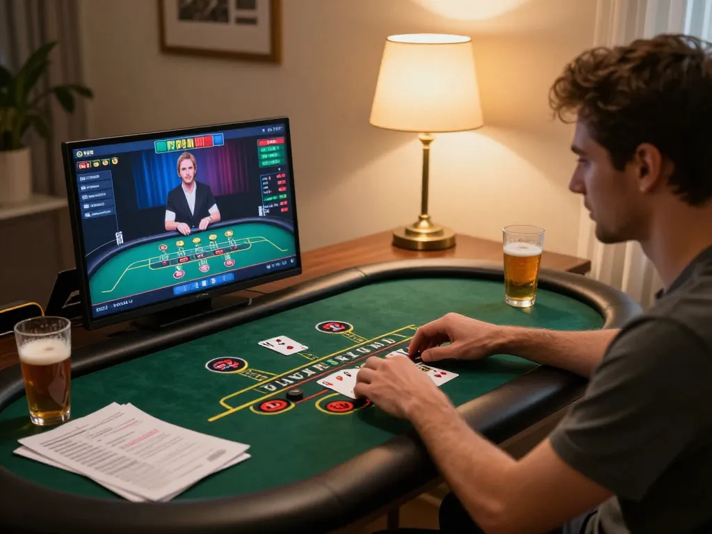 Player engaged in live dealer blackjack on laptop at home, highlighting cm 88 gaming strategy