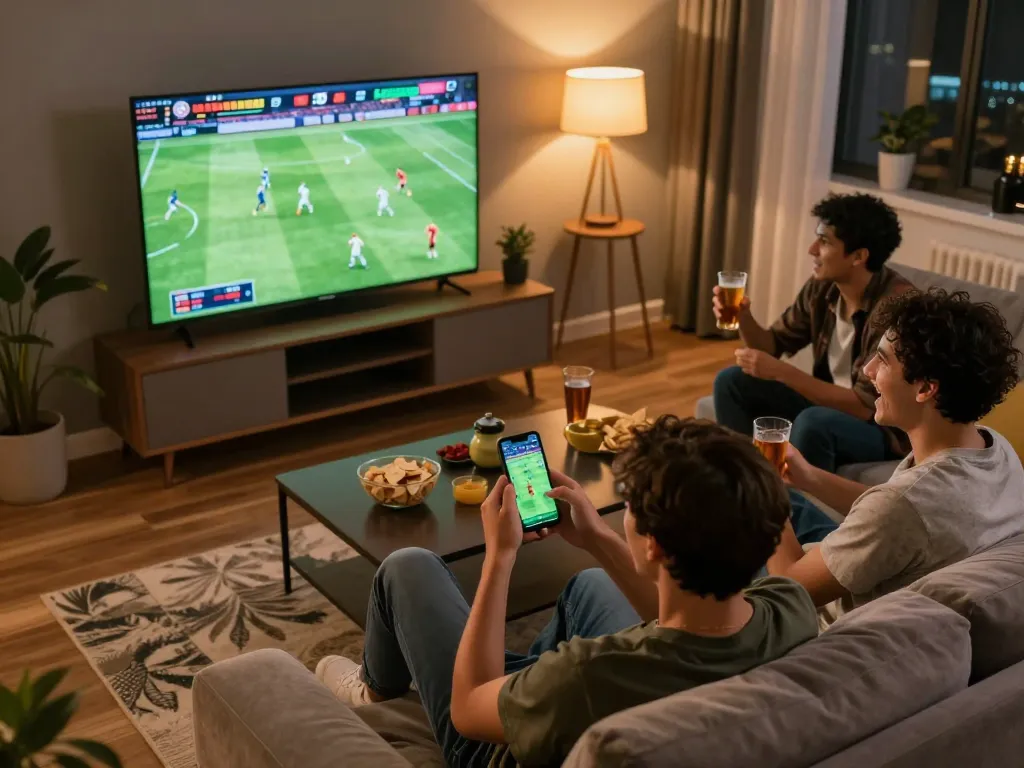 Person excitedly placing bets on tỷ lệ nhà cái while watching a live sports match in a cozy home setting.