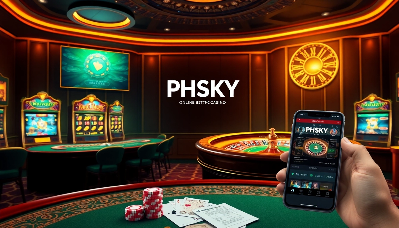 PHSKY Online Betting Casino featuring vibrant gaming visuals with poker chips and modern gaming interfaces.