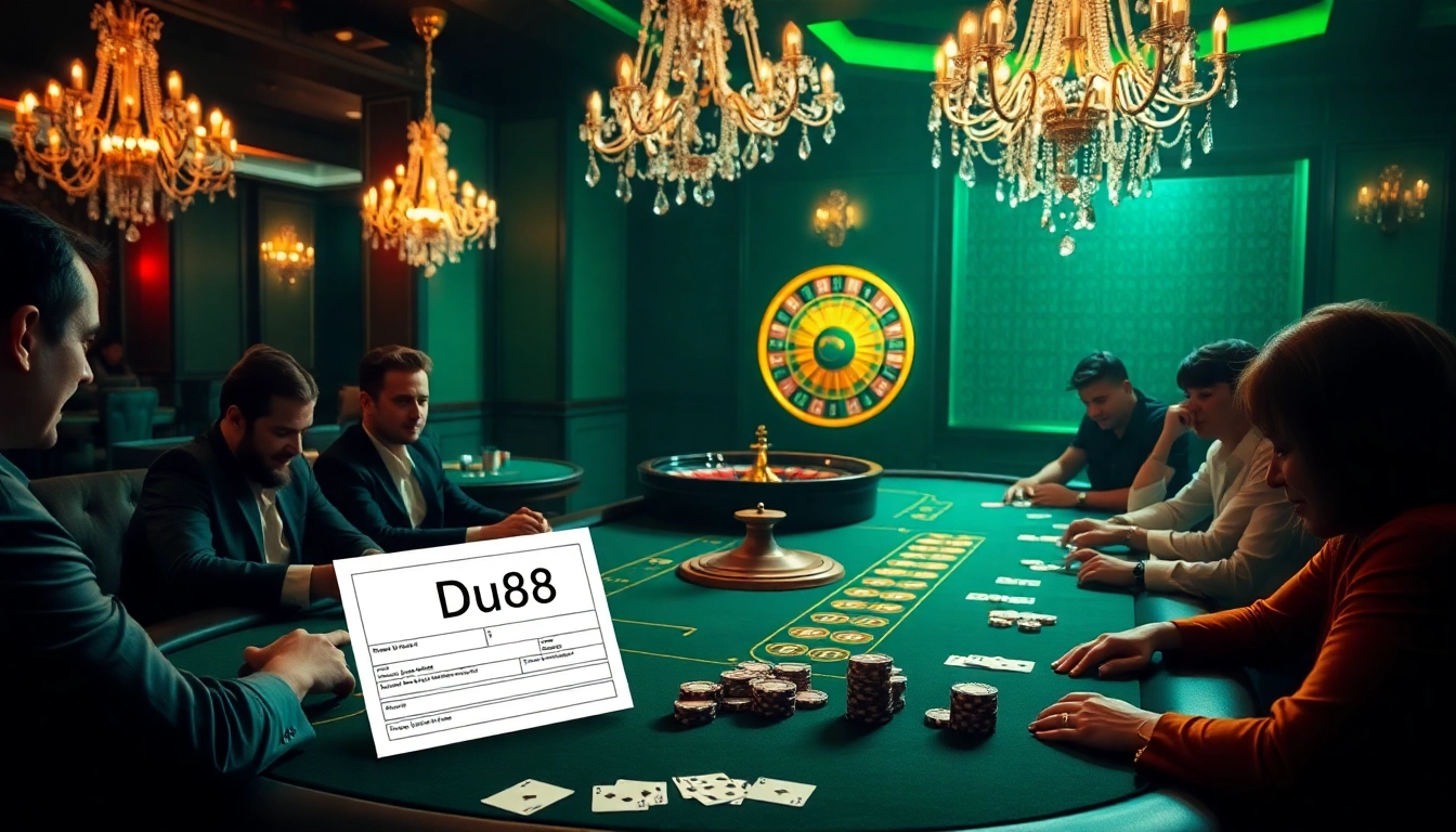 Engaged players enjoying poker at a casino table with Du88 betting slip highlighted.