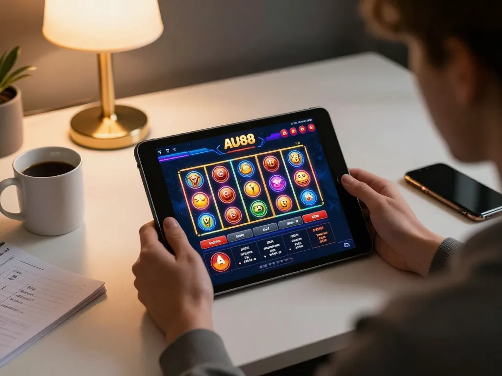 Engaged player exploring the AU88 casino app on a tablet in a cozy home setting
