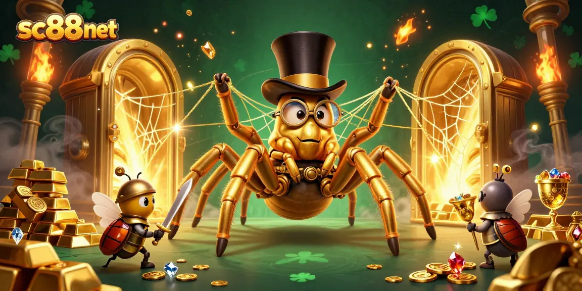Capture the excitement of sc88 net with a dynamic 3D illustration of a golden tarantula weaving a luxurious casino web entwined with treasures.