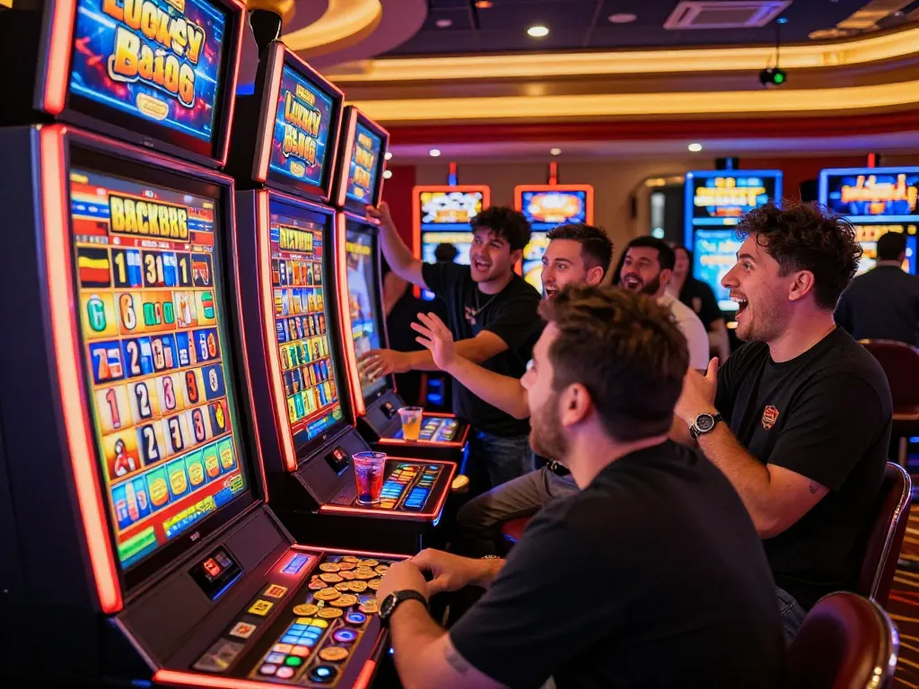 Lucky 88 slot machine at a vibrant casino, players reveling in excitement, showcasing the thrill of gambling on https://lucky88.foo/.