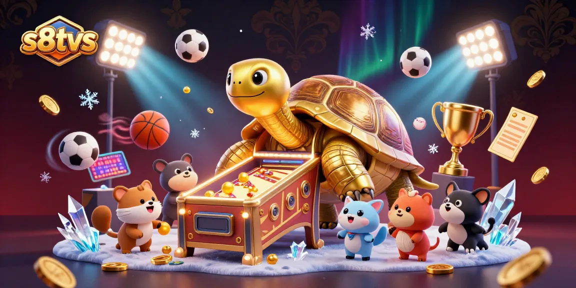 S8TV sports betting scene featuring a colossal tortoise pinball machine and excited animals playing.