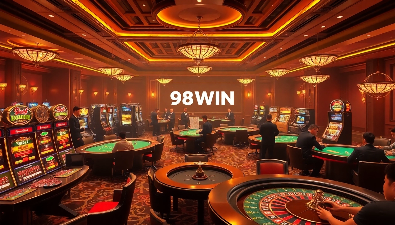 Experience the excitement of 98WIN with players at a vibrant casino scene featuring poker and roulette.