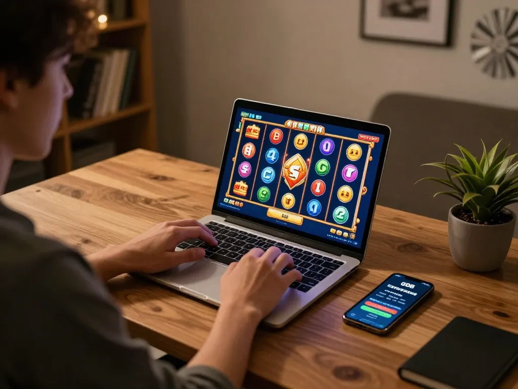 Engaging in online gaming at home with https://go8.agency/ slot games displayed on the laptop screen.