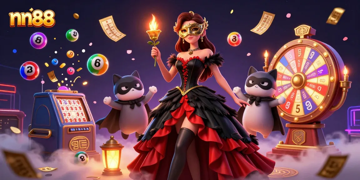 Experience exciting gaming adventure with nn88 as a stunning woman and a masked companion celebrate in a vibrant casino atmosphere.