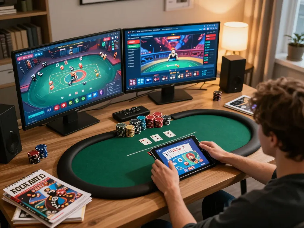 Player engaging with lv88 online casino app in a cozy home office setup, showcasing strategy and excitement