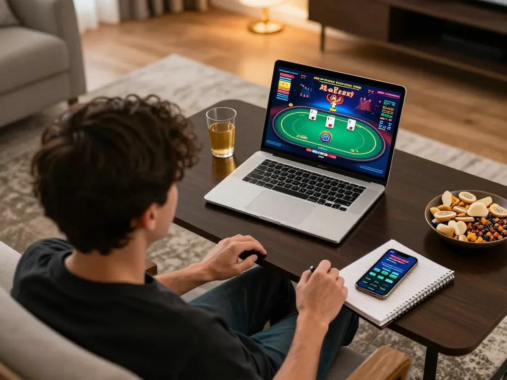 Person engaged in online gambling on vsbet with poker game displayed on laptop in a cozy home setting