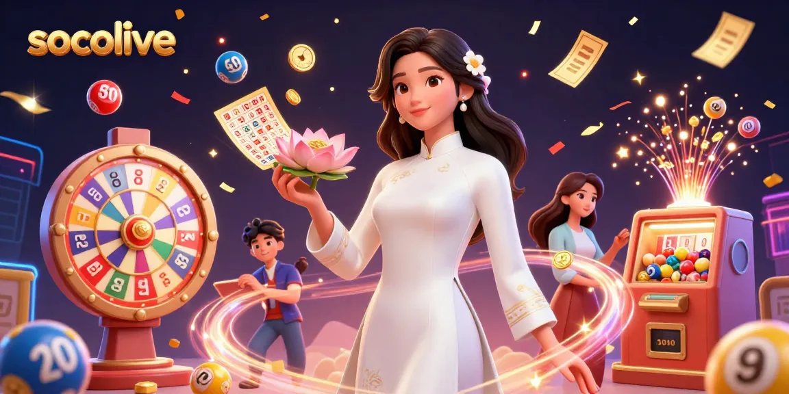 Socolive presents a vibrant lottery-themed scene featuring an elegant Asian woman amidst colorful floating balls and prizes.