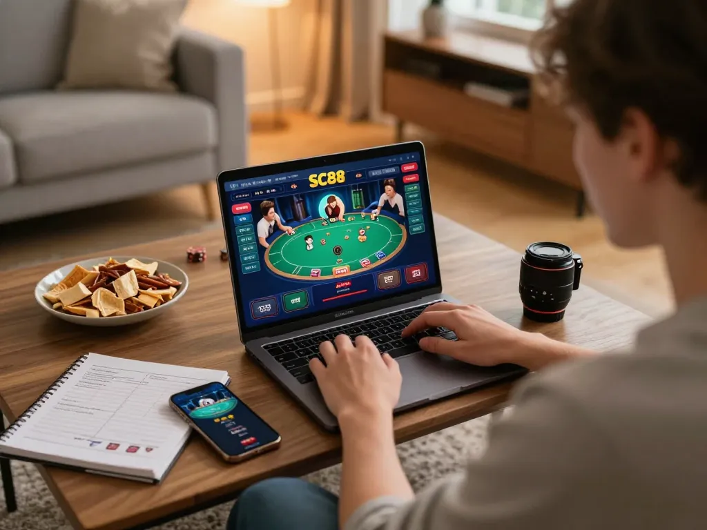 Engaging in online poker with SC88 on laptop for a winning strategy.