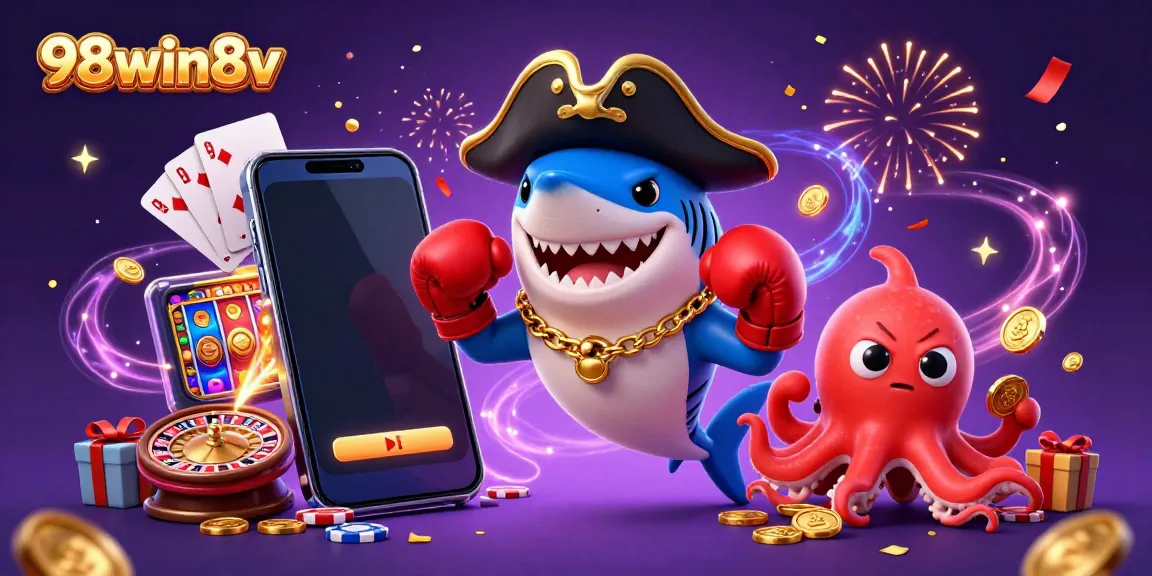 Experience thrilling wins with 98win8v in a vibrant casino scene filled with excitement and animated characters.