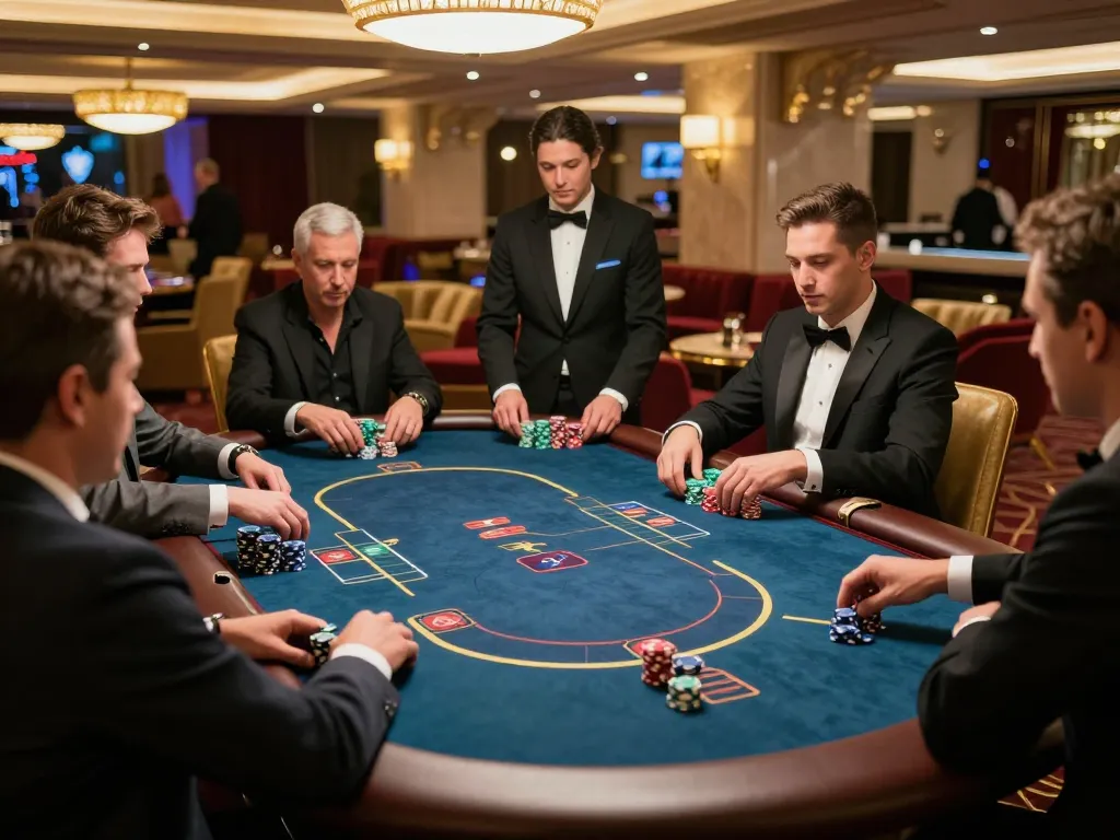 VA88 poker players strategizing with chips stacked at an upscale casino table