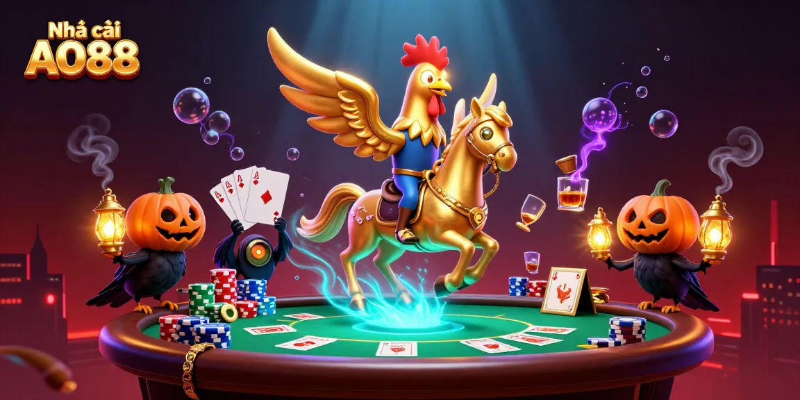 Engage with Nhà cái AO88 in a vibrant casino scene featuring a golden rooster on a spectral horse.
