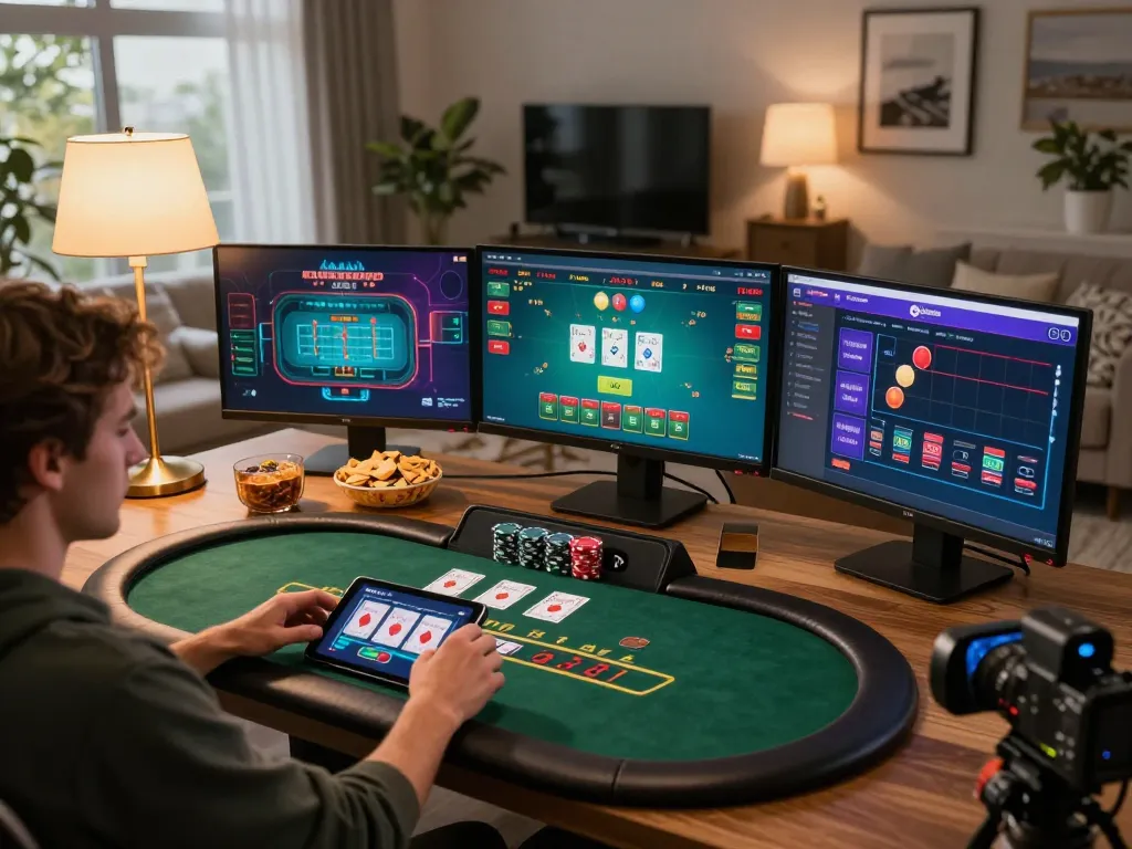 Player enjoying twin68 online blackjack on tablet in cozy home setup